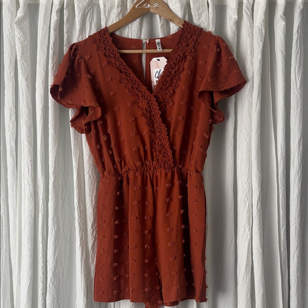 ePretty Rust Red Textured V-Neck Romper with Lace Trim